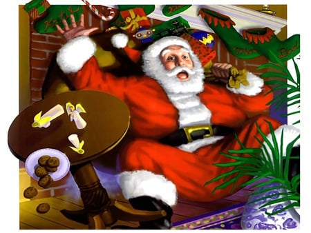 Oops! - christmas, falling, santa, fireplace, cookies, table