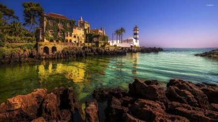 Lighthouse and Mansion on the Seaside - nature, seaside, lighthouse, mansion, sea, coast