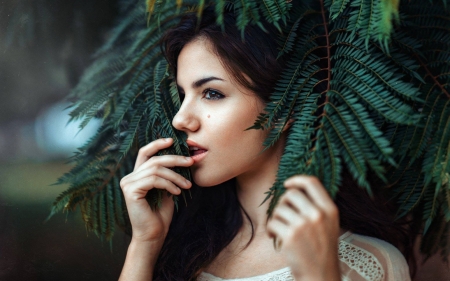 Brunette - face, model, leaves, female, brunette, hair, girl, eyes