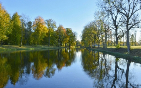 Reflection in Rundale, Latvia - autumn, trees, reflection, river