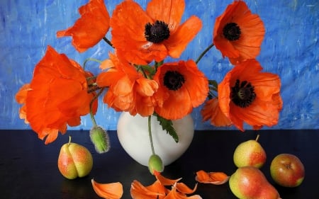 POPPIES - vase, petals, colors, fruit