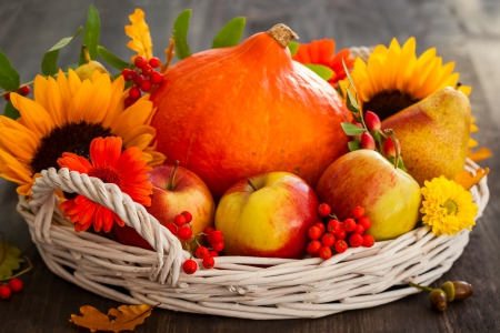 FLOWERS AND FRUIT - basket, petals, colors, fruit