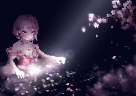 Spring - girl, water, black, spring, white, fototshi ame, luminos, pink, blossom, anime, manga, xuan ying