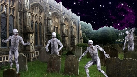 Halloween's Undead - trees, undead, Halloween, grass, tombstones, zombies, church, stars, gravestones, cemetery, graveyard, sky, building