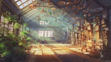 The greenhouse - arsenxc, greenhouse, plant, clock, anime, realistic, manga, green