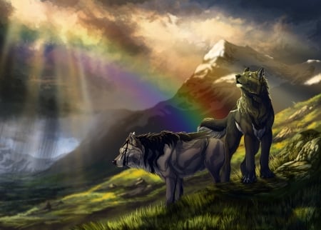 Wolves - rainbow, wolf, fantasy, luminos, couple, green