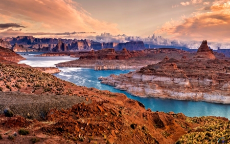 National Park Glen Canyon, Lake Powell, Arizona, USA - River, Canyon, Nature, Sky