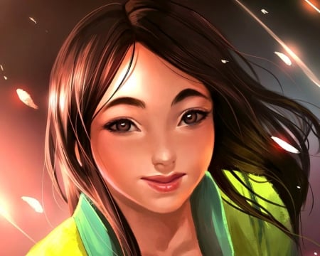 Mulan - portrait, girl, numyumy, fantasy, orange, mulan, princess, disney, green