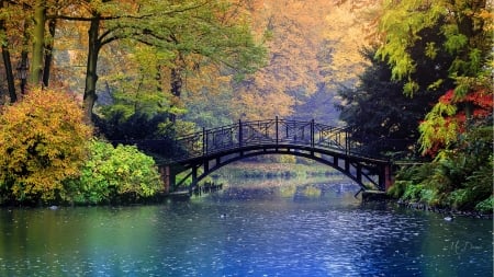 Bridging Autumn - autumn, lake, fall, trees, river, bridge, firefox persona theme