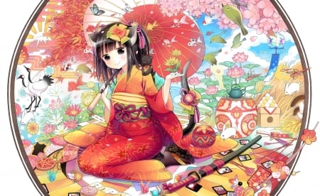 Japanese Cute - neko, girl, japanese, orginal, sakura, japan, katana, oriental, kimono, cute