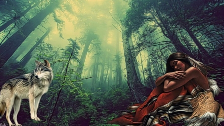 wolf spirit - wolf, foggy, forest, nativeamericangirl