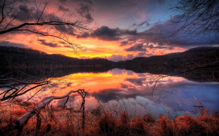 Autumn Evening - nature, lake, autumn, sun