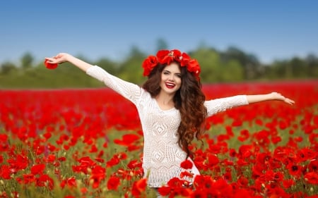 Girl and poppies - wreath, field, girl, poppies