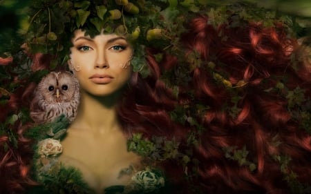 Autumn - girl, bufnita, owl, fantasy, redhead, autumn, woman, rendering, pasare, face, luminos