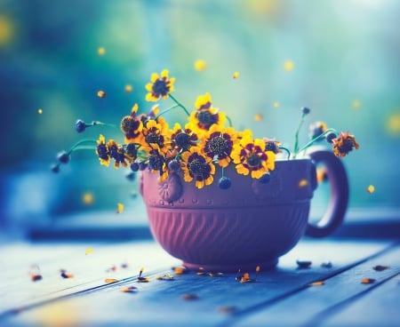 Beautiful Flowers in a Cup - flowers, yellow, cup, wood