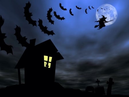 Scary Night - witch, house, moon, bats, artwork, light