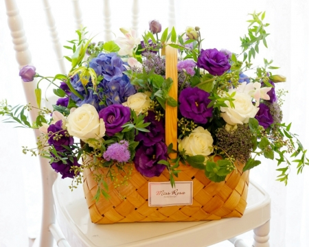 Basket of Flowers - bloom, flowers, basket, petals