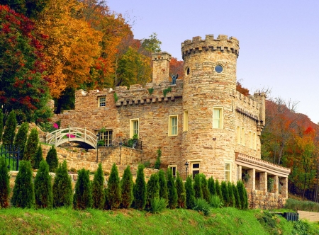 Berkeley Springs Castle, West Virginia - ancient, building, fall, trees, leaves, colors