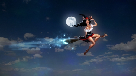 Flying Witch - clouds, moon, broom, artwork, sky