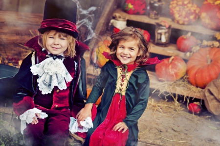 Happy Halloween! - hat, girl, children, copil, boy, vampire, costume, red, halloween, cute, couple