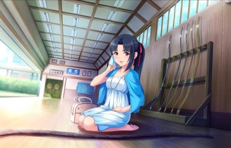 Archery ...... - pretty, anime, kawaii, female, blue, maiden, dress, bag, long hair, home, ceiling, hd, sit, nice, sitting, house, anime girl, beautiful, girl, beauty, lovely, sweet, floor, blouse, lady, cute, adorable, bow, building