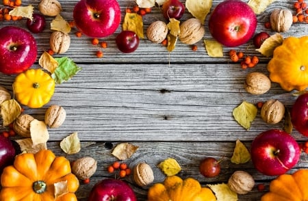 Autumn background - plenty, nuts, season, autumn, pumpkin, background, fruits, colorful, apples, fall, pretty, beautiful, leaves