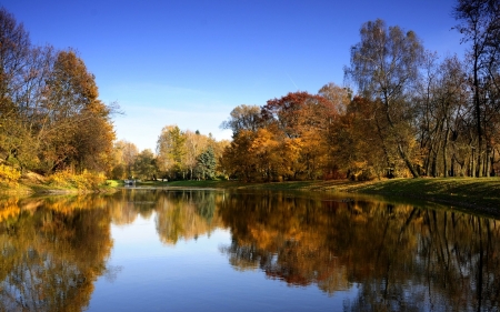 Fall Reflection in the River - nature, sky, autumn, trees, reflection, forest, river