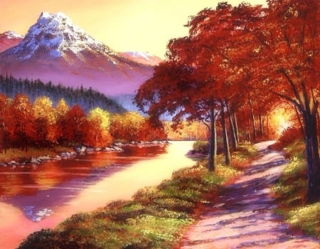 Golden River of Fall - trees, attractions in dreams, rivers, paintings, gold, fall season, colorful, nature, autumn, mountains, love four seasons, walkway