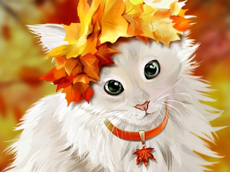 Kitten - autumn, cat, wreath, leaf, pisica, kitten, white, art, luminos, animal, orange, lorri kajenna