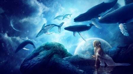 Dream - whale, fantasy, planet, girl, fish, dream, luminos, sky