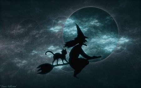 Halloween Night - witch, sky, cat, artwork, broom, ylouds