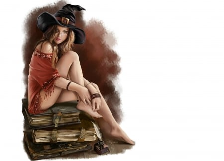 Witch - hat, lorri kajenna, girl, witch, white, red, woman, halloween, art