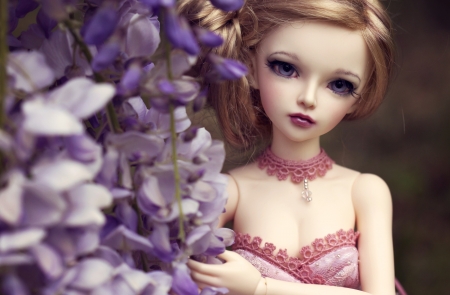 Doll - purple, girl, flower, pink, toy, doll