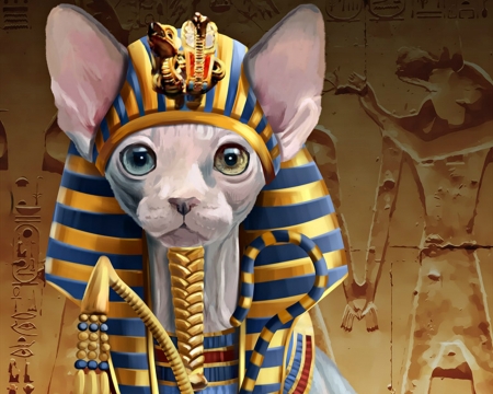 Pharaoh - yellow, blue, lorri kajenna, cat, pharaoh, egypt, pisica, animal, art, luminos