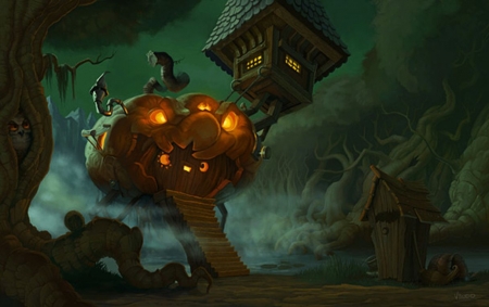 Happy Halloween - cabin, artwork, night, pumpkin, ghosts, scary