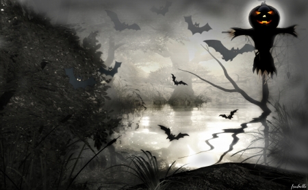 Time is coming !!! - lake, bats, trees, pumpkin, night, fantasy, glow, halloween, dark, reflection, fog, spooky