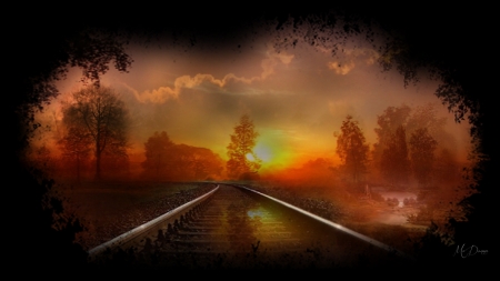 Rails to Autumn - trees, railroad, collage, sunrise, train tracks, fall, Firefox Persona theme, sunset, autumn