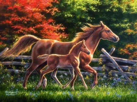 Close by Mom in Fall - attractions in dreams, autumn, gallop, animals, mom, horses, love four seasons, paintings, colors, grass, fall season