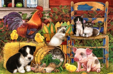 Farm animals - animal, kitten, chickenpig, dog, puppy, art, cat