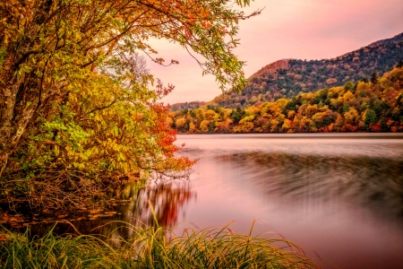 Autumn tranquility - beautiful, landscape, colors, reflection, leaves, mountain, calmness, fall, river, season, mirror, tranquility, autumn, serenity, lake