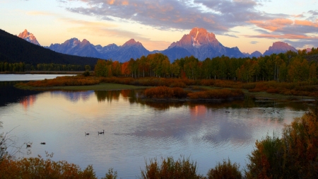 An Evening at Autumn Lake - autumn, lake, trees, mountains, nature, forest, evening, reflection, clouds