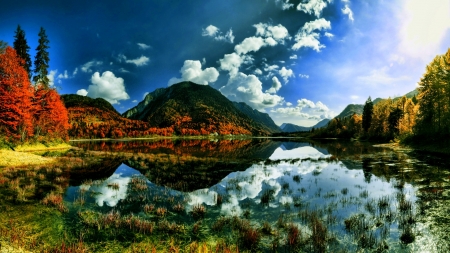 Autumn Forest and Lake - nature, autumn, lake, trees, forest, reflection, clouds, mountains