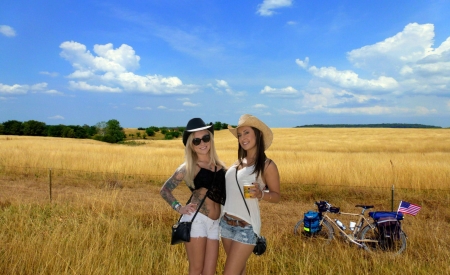 Field Party.. - women, fun, girls, models, female, bike, cowgirl, field, hats, western, style, fence, fashion, outdoors, brunettes, blondes, ranch, drinks