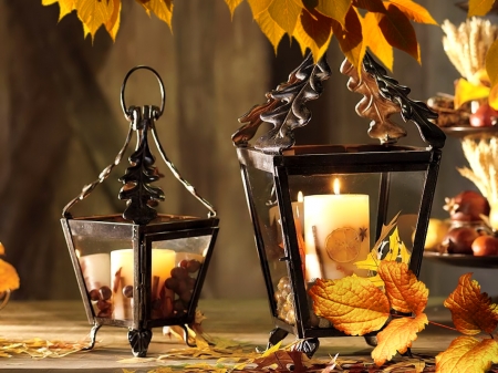 Autumn Still Life - autumn, lantern, still life, light