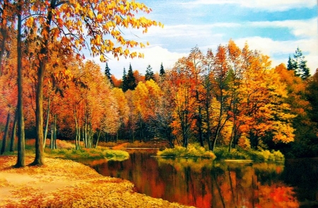 Autumn Serenity - season, fall, trees, river, leaves, colors