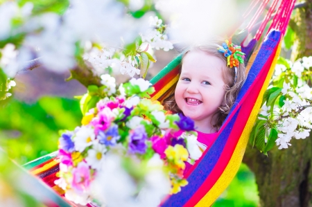 Little cutie - flower, child, copil, pink, hammock, spring, blossom, girl, blue, little, green