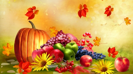 October Harvest - season, autumn, pumpkin, thanksgiving, apples, berries, fall, harvest, leaves, flowers, grapes, firefox persona theme