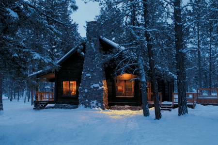 Log Cabin - Housing, log, wood, cabin, snow, night, Architecture, House, Modern