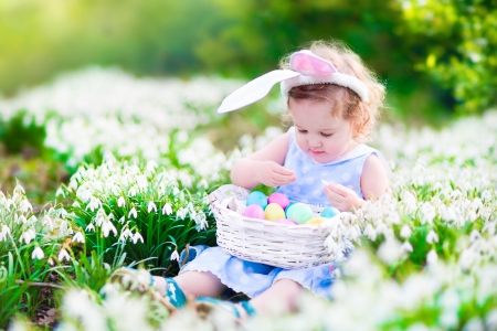 Bunny girl - blue, ears, girl, spring, flower, bunny, copil, child, easter, basket, white, green, cute, field, egg