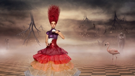 Red Queen - bird, fantasy, queen, red, alice, creative, cup, flamingo